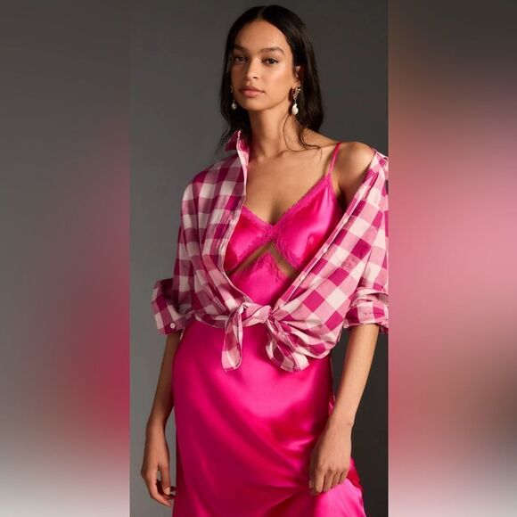 Anthropologie Maeve Bennett pink Buffalo Plaid Button Down Shirt small. NWT - Picture 1 of 9